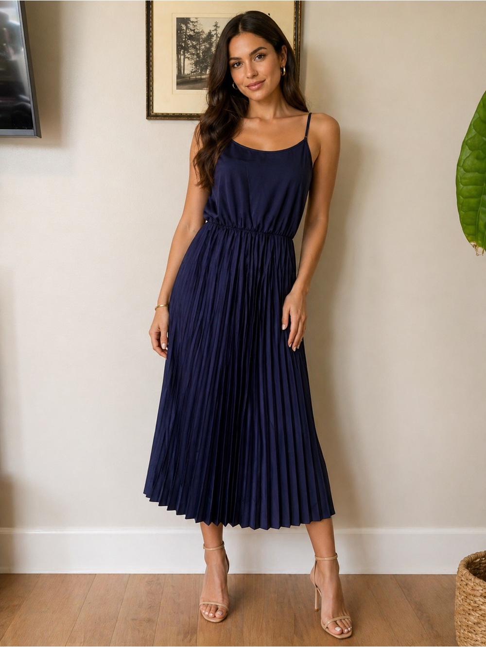 Rachel Zoe Navy Pleated Spaghetti-Strap Midi Dress